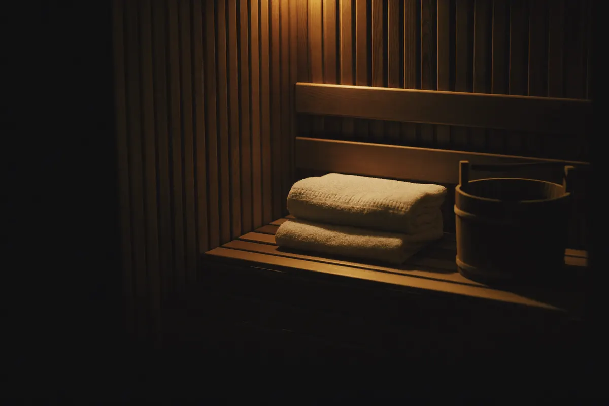 Tücher und Holz in der Sauna